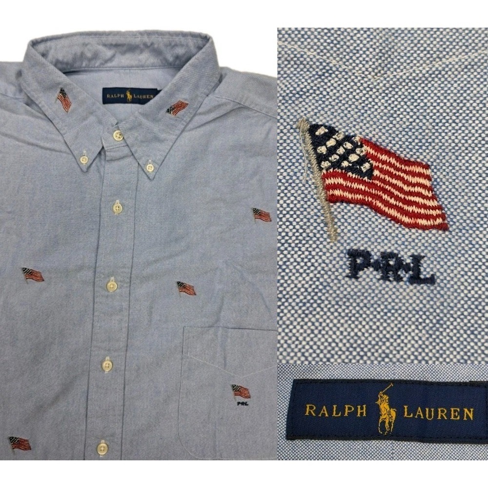 Polo Ralph Lauren Button Oxford Shirt 2XLT American Flag Embroidered Blue 3217